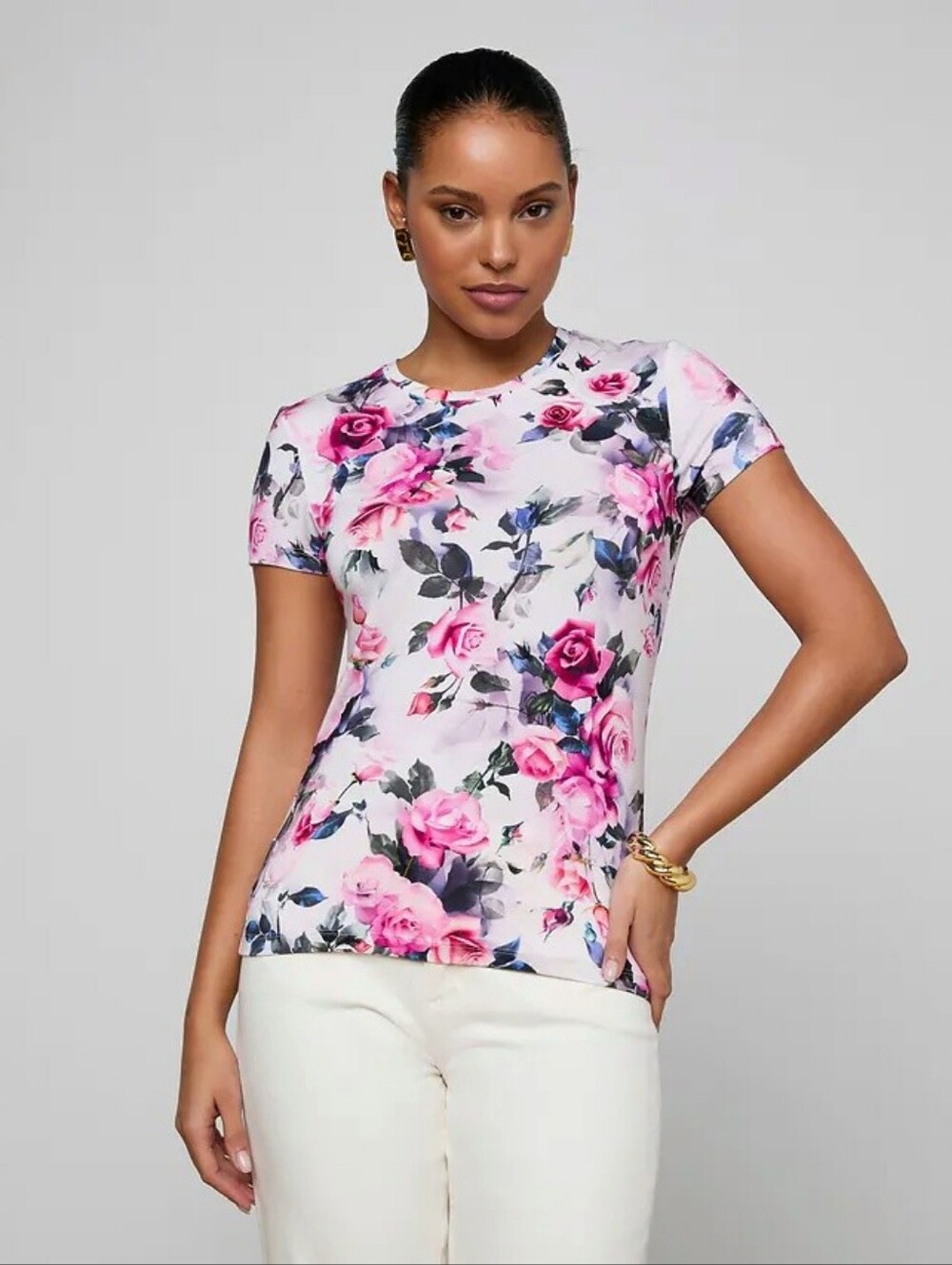 L'Agence Ressi fitted tee Pink Multi Water Rose floral women's Sz large new NWT - Picture 1 of 6